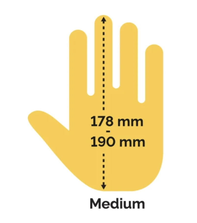 taille de main recommandée : de 178 à 190 mm (extrémité de l'index à base de la paume)